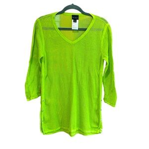 Tribal, neon green mesh tunic, size L, V-neck, sides, snaps, photo measurements